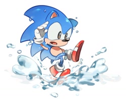 Size: 1638x1299 | Tagged: safe, artist:rneku64661, sonic the hedgehog, classic sonic, mouth open, simple background, solo, water, white background