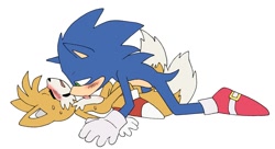 Size: 1028x560 | Tagged: suggestive, artist:pachirizuu, miles "tails" prower, sonic the hedgehog, 2025, all fours, blushing, duo, eyes closed, gay, licking, licking chest, lidded eyes, looking at them, lying down, shipping, simple background, sonic x tails, sweatdrop, tongue out, white background