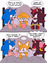 Size: 1539x2048 | Tagged: safe, artist:jhoycookie, miles "tails" prower, shadow the hedgehog, sonic the hedgehog, ..., 2025, bed, crying, dialogue, eating, english text, flat colors, floppy ears, gay, pillow, polyamory, popcorn, shadails, shadow x sonic, shipping, sonadails, sonic x tails, speech bubble, tears, trio