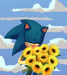 Size: 1832x2048 | Tagged: safe, artist:63ab36, sonic the hedgehog, 2025, abstract background, clouds, eyes closed, flower, holding something, solo, standing, sunflower