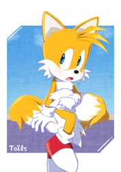 Size: 1448x2048 | Tagged: safe, artist:guruguru, miles "tails" prower, 2025, abstract background, holding tail, looking offscreen, mouth open, signature, sitting, solo