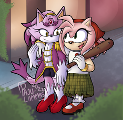 Size: 2020x1971 | Tagged: safe, artist:pajulammas, amy rose, blaze the cat, 2022, abstract background, alternate universe, amy x blaze, arm around shoulders, au:forgotten (pajulammas), baseball bat, duo, grass, holding something, lesbian, looking at each other, outdoors, shipping, signature, smile, standing