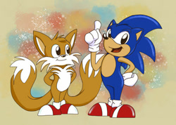 Size: 600x426 | Tagged: safe, artist:aluminumfrost, miles "tails" prower, sonic the hedgehog, adventures of sonic the hedgehog, 2024, abstract background, cute, duo, hand behind back, hand on hip, looking at them, looking at viewer, mouth open, pointing, smile, standing, tailabetes