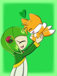 Size: 810x1080 | Tagged: safe, artist:soneamlover, cosmo the seedrian, chao, 2024, carrying them, character chao, cute, duo, eyes closed, gradient background, heart, holding them, lifting them, smile, standing, tails chao