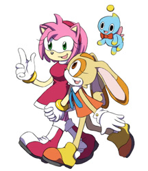 Size: 608x704 | Tagged: safe, artist:zoe-productions, amy rose, cheese (chao), cream the rabbit, chao, 2014, holding hands, looking at them, looking at viewer, mouth open, neutral chao, simple background, smile, trio, walking, white background