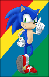 Size: 3500x5418 | Tagged: safe, artist:dantiscus, sonic the hedgehog, 2019, abstract background, border, looking at viewer, male, redraw, smile, solo, standing, watermark