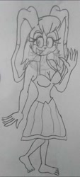 Size: 613x1360 | Tagged: safe, artist:sleevelesssketches94, vanilla the rabbit, 2002, cleavage, line art, looking offscreen, monochrome, mouth open, pencilwork, simple background, smile, solo, standing, traditional media, waving