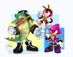 Size: 2300x1800 | Tagged: safe, artist:shadzzy_8a, charmy bee, espio the chameleon, vector the crocodile, 2023, abstract background, flying, looking at them, looking offscreen, mouth open, signature, smile, standing, team chaotix, trio