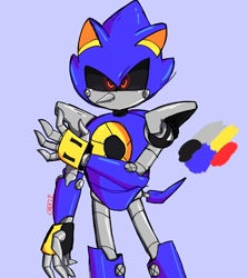 Size: 1464x1644 | Tagged: safe, artist:cheezy_picklezz, metal sonic, 2024, black sclera, blue background, looking offscreen, simple background, solo, standing