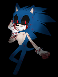 Size: 724x970 | Tagged: safe, artist:monstrouslupus, artist:w0lfieskullz, oc, oc:sonic.exe, 2019, black background, black sclera, bleeding, bleeding from eyes, blood, blood stain, hand on own face, looking at viewer, sharp teeth, simple background, smile, solo