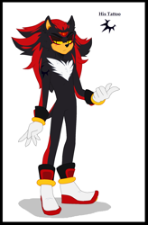 Size: 1568x2392 | Tagged: safe, artist:monstrouslupus, artist:w0lfieskullz, shadow the hedgehog, 2019, border, frown, headcanon, lidded eyes, looking at viewer, shadow (lighting), simple background, solo, standing, tattoo, three eyes, white background, yellow sclera