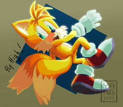 Size: 1280x1110 | Tagged: safe, artist:yangharmony, miles "tails" prower, 2021, abstract background, english text, lineless, looking back, looking offscreen, mouth open, signature, solo