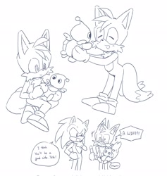 Size: 1940x2048 | Tagged: safe, artist:41waysu, miles "tails" prower, sonic the hedgehog, chao, 2025, blushing, carrying them, chao fruit, chaobetes, cute, dialogue, english text, gay, holding them, line art, monochrome, neutral chao, shipping, simple background, sonic x tails, speech bubble, standing, tailabetes, trio, white background