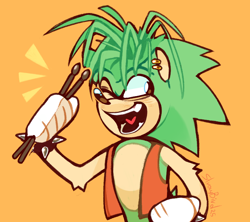 Size: 772x686 | Tagged: safe, artist:straybird25, 2020, arm fluff, drumstick, heart tongue, looking offscreen, manic the hedgehog, mouth open, orange background, signature, simple background, smile, solo