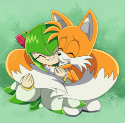 Size: 1600x1567 | Tagged: safe, artist:montyth, cosmo the seedrian, miles "tails" prower, 2025, abstract background, clenched teeth, cute, duo, eyes closed, hugging, sitting, smile, tail hug