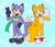 Size: 1500x1282 | Tagged: safe, artist:sodapr1nce, miles "tails" prower, oc, oc:miles the cat, cat, fox, 2025, abstract background, clenched fist, duo, hand on hip, looking at each other, mouth open, outline, smile, standing, star (symbol), v sign