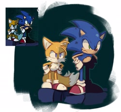 Size: 2048x1897 | Tagged: safe, artist:freessso, miles "tails" prower, sonic the hedgehog, 2025, abstract background, angry, duo, frown, hands on hips, looking offscreen, redraw, reference inset, sonic is not amused, tails is not amused