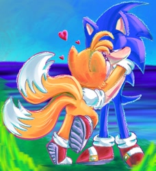 Size: 1477x1622 | Tagged: safe, artist:meatball5879, miles "tails" prower, sonic the hedgehog, 2025, abstract background, blushing, daytime, duo, eyes closed, gay, grass, heart, holding each other, kiss, outdoors, shipping, sonic x tails, standing, standing on one leg, water