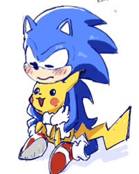 Size: 439x545 | Tagged: safe, artist:guruguru, sonic the hedgehog, 2025, blushing, crossover, duo, hugging, pikachu, pokemon, simple background, sitting, white background