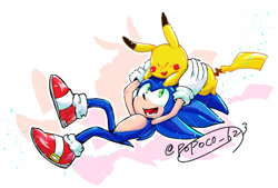 Size: 1020x689 | Tagged: safe, artist:popoco623, sonic the hedgehog, 2025, crossover, cute, duo, eyes closed, holding them, looking at them, lying down, on head, outline, pikachu, pokemon, shadow (lighting), signature, simple background, smile, white background