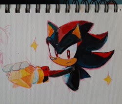 Size: 2048x1741 | Tagged: safe, artist:misurizou_09, shadow the hedgehog, 2025, chaos emerald, holding something, looking at viewer, solo, sparkles, traditional media