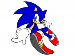 Size: 2048x1536 | Tagged: safe, artist:poularxd, sonic the hedgehog, 2025, flat colors, looking at viewer, looking back, looking back at viewer, posing, running, simple background, smile, solo, white background