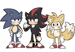 Size: 1876x1297 | Tagged: safe, artist:_chaos_nagisa, miles "tails" prower, shadow the hedgehog, sonic the hedgehog, 2025, bandaid, cross popping vein, cute, looking offscreen, question mark, simple background, standing, trio, white background