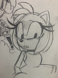 Size: 1536x2048 | Tagged: safe, artist:jaslenebella0, amy rose, 2025, exclamation mark, line art, looking down, monochrome, mouth open, pencilwork, standing, traditional media