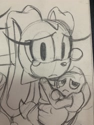 Size: 1536x2048 | Tagged: safe, artist:jaslenebella0, cheese (chao), cream the rabbit, chao, 2025, carrying them, crying, duo, frown, holding them, line art, looking at viewer, monochrome, neutral chao, pencilwork, standing, tears, traditional media