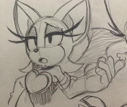 Size: 2048x1730 | Tagged: safe, artist:jaslenebella0, rouge the bat, 2025, line art, looking offscreen, monochrome, mouth open, pencilwork, solo, standing, traditional media