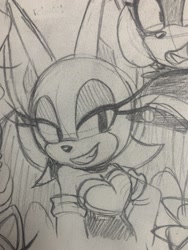 Size: 1536x2048 | Tagged: safe, artist:jaslenebella0, rouge the bat, surge the tenrec, 2025, clenched teeth, duo, lidded eyes, line art, looking offscreen, monochrome, pencilwork, smile, standing, traditional media