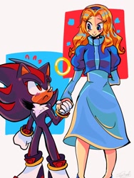 Size: 768x1024 | Tagged: safe, artist:sarah_dertale54, maria robotnik, shadow the hedgehog, human, 2025, :<, blushing, cute, duo, frown, holding hands, looking at each other, mariabetes, ring, shadowbetes, signature, smile, standing