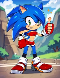 Size: 450x579 | Tagged: safe, ai art, artist:pixai, sonic the hedgehog, oc, oc:sonica the hedgehog, clenched fist, clouds, daytime, fingerless gloves, gender swap, grass, hand on hip, looking at viewer, outdoors, smile, solo, star (symbol), thumbs up, tree