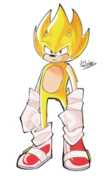 Size: 1463x2304 | Tagged: safe, artist:eric muredas, sonic the hedgehog, super sonic, 2025, clenched fists, signature, simple background, smile, solo, standing, super form, white background