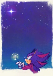 Size: 1442x2048 | Tagged: safe, artist:m_d00dles, shadow the hedgehog, 2025, abstract background, holding something, lidded eyes, looking up, new years, scarf, smile, solo, sparkler, star (sky)