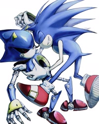 Size: 1339x1672 | Tagged: safe, artist:mieierae201, metal sonic, sonic the hedgehog, dancing, duo, eyes closed, gay, holding hands, metonic, robot, shipping, smile