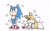 Size: 1634x1002 | Tagged: safe, artist:oudooooon427, miles "tails" prower, sonic the hedgehog, blushing, classic sonic, classic tails, cute, duo, fluffy, japanese text, shadow (lighting), simple background, sitting, sonabetes, standing, tailabetes, white background