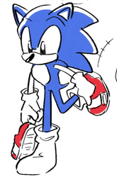 Size: 612x927 | Tagged: safe, artist:oudooooon427, sonic the hedgehog, holding something, one shoe, simple background, solo, standing on one leg, white background