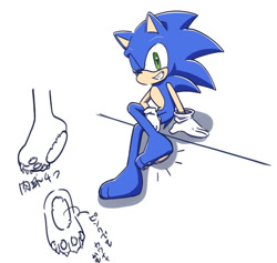 Size: 1121x1061 | Tagged: safe, artist:oudooooon427, sonic the hedgehog, barefoot, grin, japanese text, pawpads, simple background, sitting, smile, solo, white background, wink