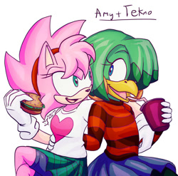 Size: 870x861 | Tagged: safe, artist:feniiku_arts, amy rose, tekno the canary, arm around shoulders, burger, drinking, duo, eating, fleetway amy, hand on hip, lesbian, looking at each other, milkshake, shipping, simple background, skirt, soda, teknamy, white background