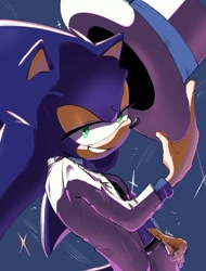 Size: 760x1000 | Tagged: safe, artist:umerouge, sonic the hedgehog, alternate outfit, gloves off, grin, hat, holding something, lidded eyes, looking at viewer, smile, solo, suit