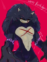 Size: 760x1000 | Tagged: safe, artist:umerouge, oc, oc:sonic.exe, black sclera, grin, happy birthday, muscular, oc only, pink background, sharp teeth, simple background, smile, solo, standing