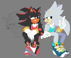 Size: 1950x1600 | Tagged: safe, artist:drewthestray, shadow the hedgehog, silver the hedgehog, sonic the hedgehog, fangs, gay, grey background, lidded eyes, looking at each other, looking at them, mario and sonic at the 2020 olympic games, mouth open, pointing, shadow x silver, shadow x sonic, shipping, shipping denied, simple background, sitting, sketch, smile, third wheel, trio