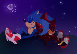 Size: 823x579 | Tagged: safe, artist:blubipbop, shadow the hedgehog, sonic the hedgehog, abstract background, arms behind head, blushing, cheek fluff, chest fluff, duo, eyes closed, gay, grass, leaning back, leaning on them, moon, nighttime, outdoors, shadow x sonic, shipping, shooting star, signature, sitting, smile, star (sky)