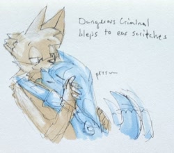 Size: 2048x1801 | Tagged: safe, artist:scrunglepaws, kit the fennec, miles "tails" prower, 2025, alternate universe, au:someplace (scrunglepaws), duo, english text, eyes closed, gay, grey background, hugging, kitails, looking at them, monochrome, purring, shipping, simple background, sketch, smile, wagging tail