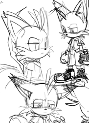 Size: 432x592 | Tagged: safe, artist:dochisukiovo, miles "tails" prower, nine, sonic prime, 2025, frown, lidded eyes, line art, looking offscreen, monochrome, simple background, sketch, solo, white background