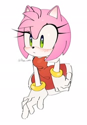 Size: 1434x2048 | Tagged: safe, artist:kou_sonic, amy rose, 2025, amybetes, blushing, cute, frown, looking offscreen, signature, simple background, solo, white background