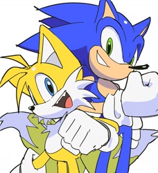 Size: 1543x1690 | Tagged: safe, artist:hadasada1, miles "tails" prower, sonic the hedgehog, 2025, clenched teeth, duo, linking arms, looking at viewer, mouth open, simple background, smile, standing, white background