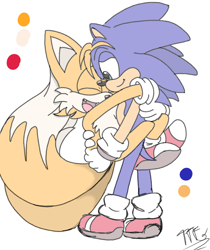 Size: 2151x2555 | Tagged: safe, artist:triplettailedfox, miles "tails" prower, sonic the hedgehog, 2025, carrying them, color guide, cute, duo, duo male, eyes closed, flat colors, gay, holding each other, lidded eyes, looking at them, males only, mobius.social exclusive, one fang, shipping, signature, simple background, smile, sonabetes, sonic x tails, standing, tailabetes, w.i.p, white background