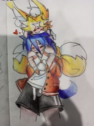 Size: 1536x2048 | Tagged: safe, artist:lolicka_lol, miles "tails" prower, sonic the hedgehog, 2025, blushing, duo, gay, heart, looking at each other, mouth open, riding on shoulders, shipping, sketch, smile, sonic x tails, standing, traditional media